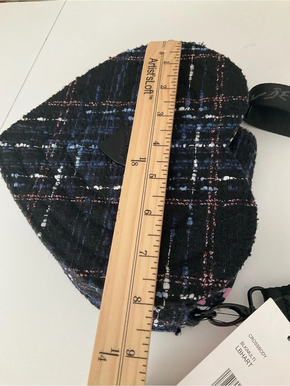 Betsey Johnson Black Tweed Heart Crossbody with Blue & Pink Accents - Picture 9 of 11